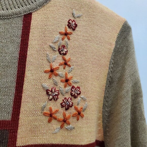 Alfred Dunner Petite Vintage Earthy 70s Embroidered Cottagecore Mock Sweater PM - Picture 2 of 9